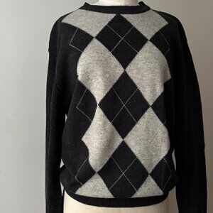 1990s Lambswool Argyle Sweater | Vintage Black & Grey Minimal Knit